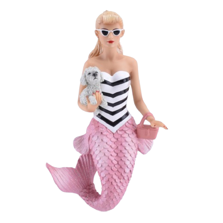 blonde mermaid with a light pink tail. Her top is black and white striped and she is wearing matching sunglasses, and holding a puppy.