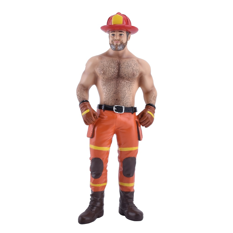 figurine of man in fireman uniform pants, gloves and hat.