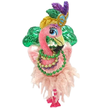 hanging flamingo ornament wearing mardi gras feathers and beads.