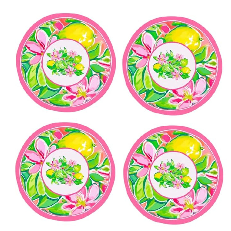 December Diamonds Preppy Lemon melamine dinner plates set of 4 with colorful citrus design