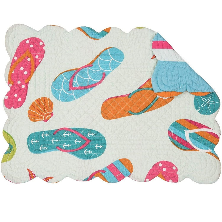 scallope edge rectangle placmat with colorful flip flops and shells