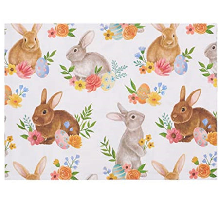rectangle shape placemat with repeated pattern of bunny with flowers and painted eggs. The bunnys are gray, brown and tan.