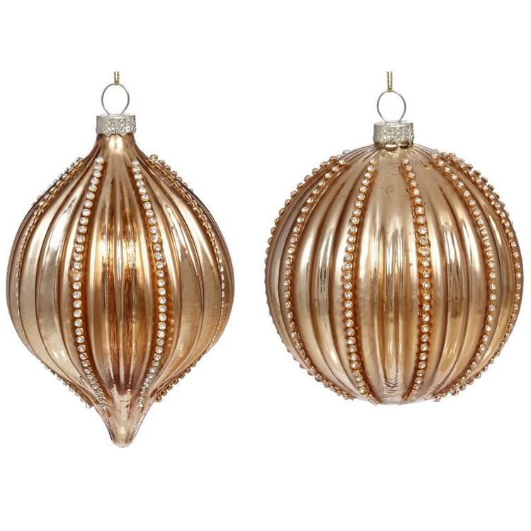 two golden blown glass ornaments with rhinestone accents in stripes from top to bottom.