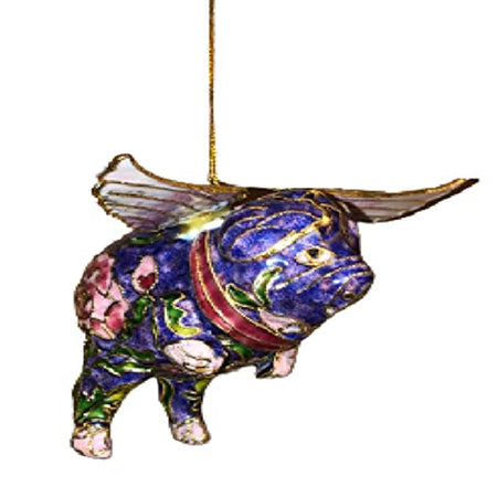 ornament shaped like a flying pig with wings. Purple with gold filagree.