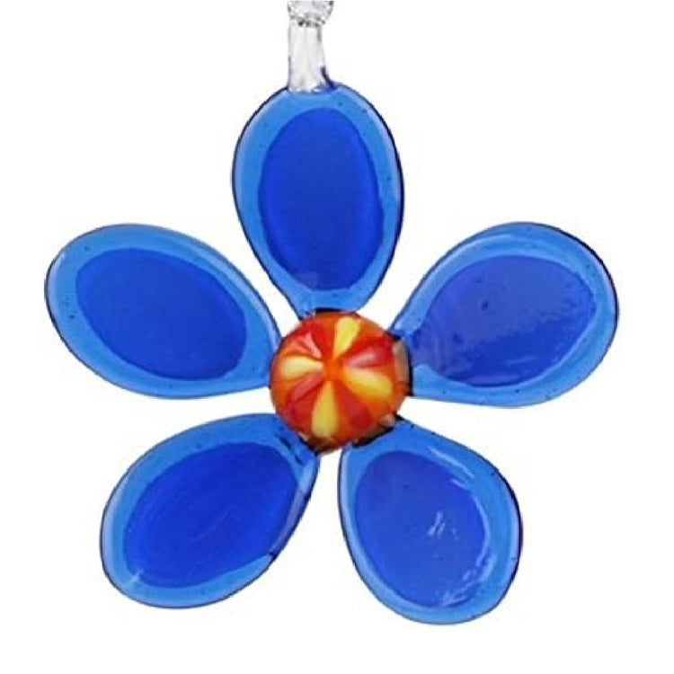 Blown glass blue forget me not flower hanging ornament.