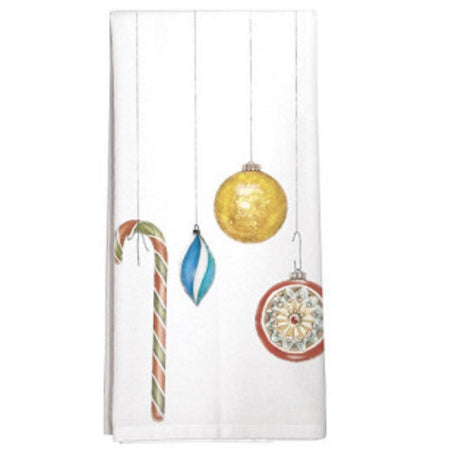 white flour sack dishtowel with design of 4 vintage ornaments