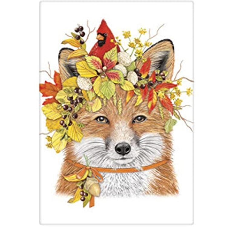 white kitchen towel with fox and a red cardinal on his head