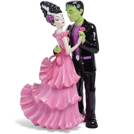 December Diamonds Mr. and Mrs. Frankenstein dancing resin figurine in pink gown and black suit
