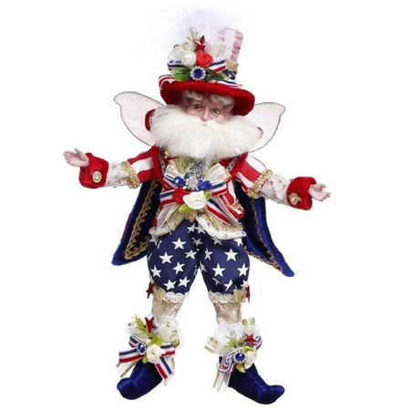 Decorative figure of a patriotic character in red, white, and blue on a white background