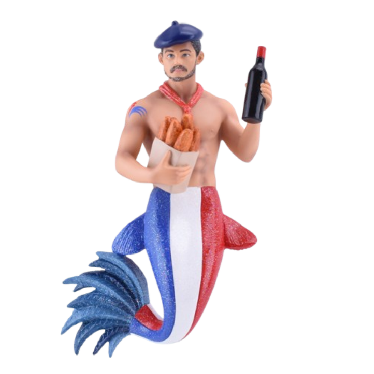 merman with blue, white and red "french flag" tail, holding baguettes and a bottle of wine. He's also wearing a blue beret.