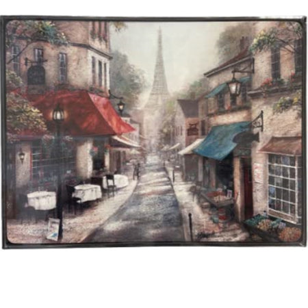 Rectangle shaped hardboard placemats showing a stree in france with colorful awnings ad the Eiffel Tower in the background.