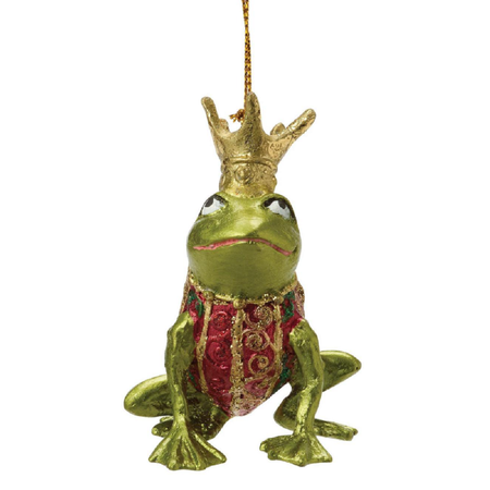 Decorative frog ornament with a crown on a white background