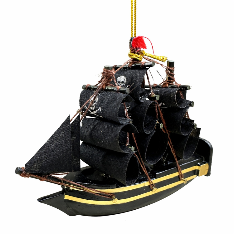 wooden pirate ship hanging ornament with black sails skull crossbones and red flag