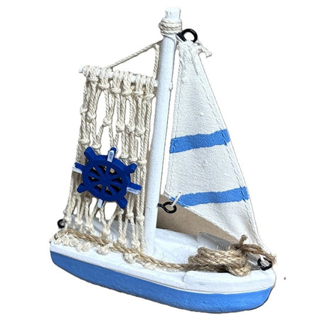 Wood Sailboat Nautical Decor Blue White Canvas Sail Coastal Boat Figurine
