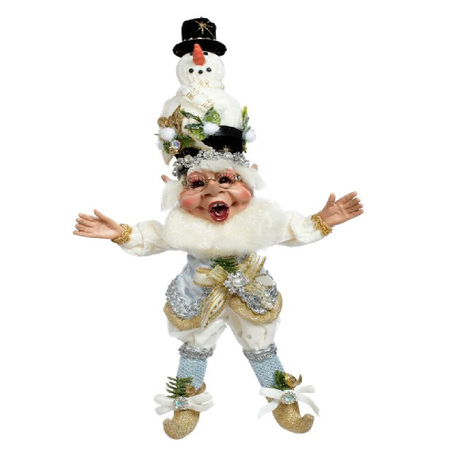 bearded elf wearing white and blue outfit and a hat that looks like a snowman.