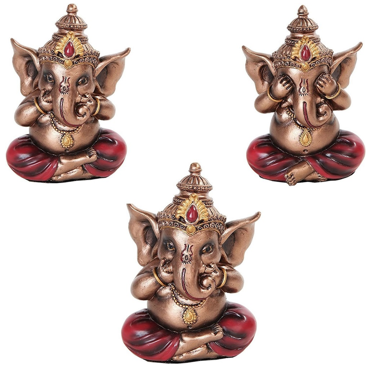 3 resin Ganesha figurines in a gold and red color. Each figurine is making one of these symbols: Hear no evil, See no evil, speak no evil.
