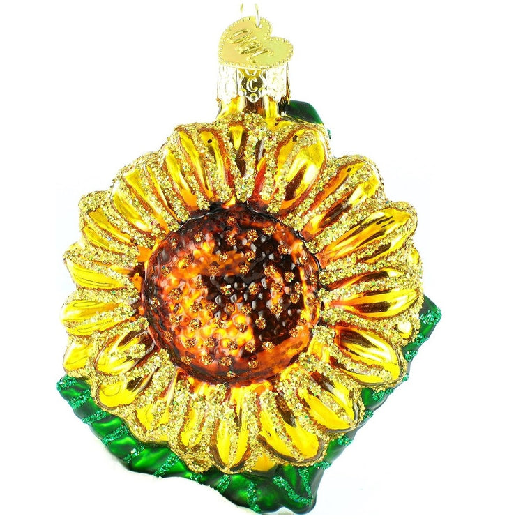 blown glass sunflower ornament with glitter accents