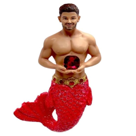 Merman figure with a red tail holding a red garnet gem on a white background