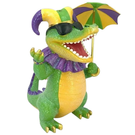 Resin alligator ornament, standing on both back legs, wearing purple and yellow mardi gras hat and collar, carrying yellow and green umbrella.