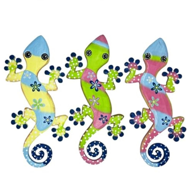 3 identical shaped geckos plaques. One is painted yellow with blue accents, one is green with pink accents and one is pink with blue accents