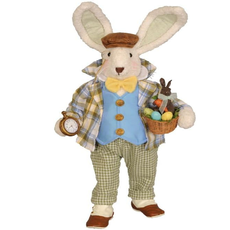Bunny Figurine in a plaid outfit with a basket of Easter eggs on a white background