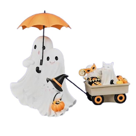 December Diamonds Ghost Couple Pulling Cart Figurine with detailed flowing robes and textured surfaces, whimsical spooky home décor