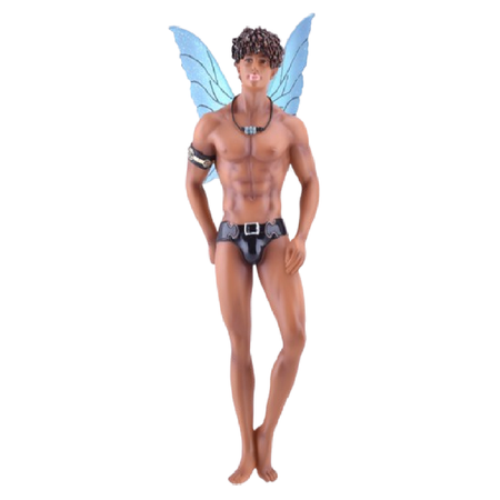 Dark skinned male fairy wearing leather underpants and an arm cuff
