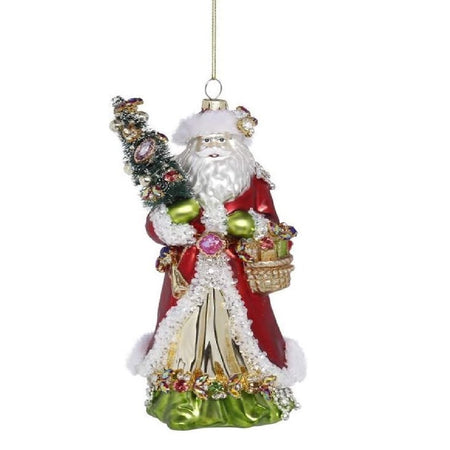 blown glass Santa Claus ornament, holding basket of gifts and a small bottlebrush tree.