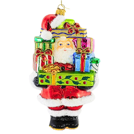 Blown glass Santa ornament, holding large stack of gifts