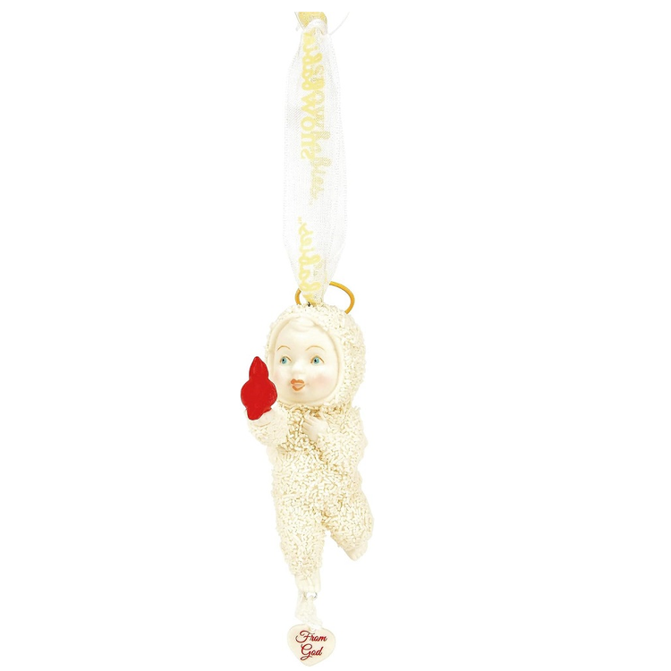 Porcelain Snowbabies Ornament with cardinal, halo and a little heart charm that says "from God"