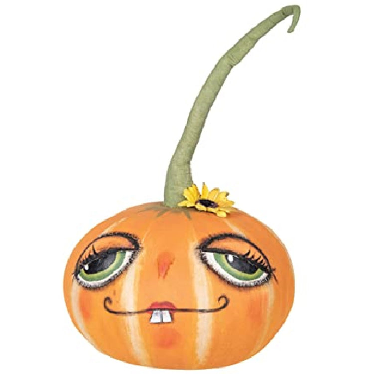 pumpkin figure with long stem and painted face.  2 teeth, long eyelashes