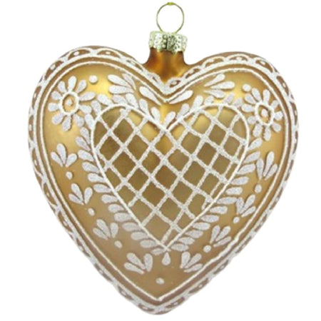 December Diamonds 79-79127 glass gingerbread heart Christmas ornament with white accents and gold back