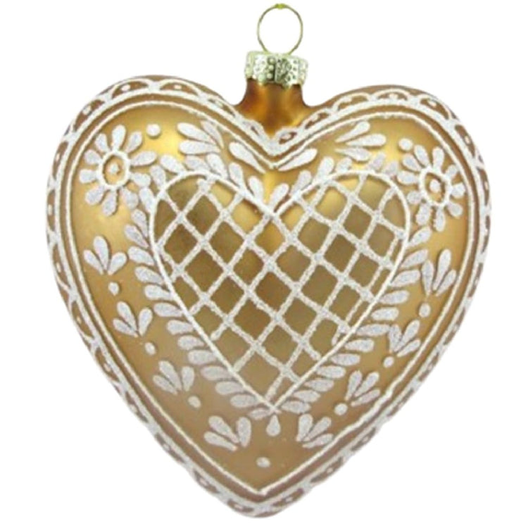 December Diamonds 79-79127 glass gingerbread heart Christmas ornament with white accents and gold back
