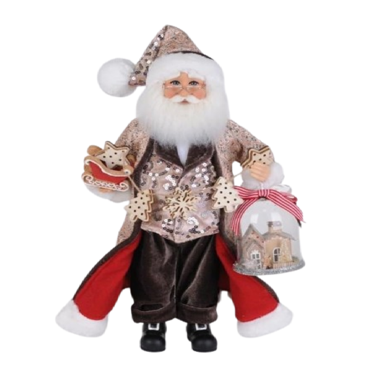 Decorative figure of a Santa Claus holding a cloche and a garland of cookies on a white background