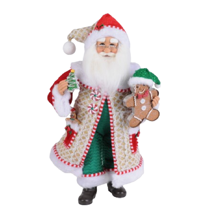 Santa figurine wearing green suit, gold jacket with candy cane striping. Holding a gingerbread man.