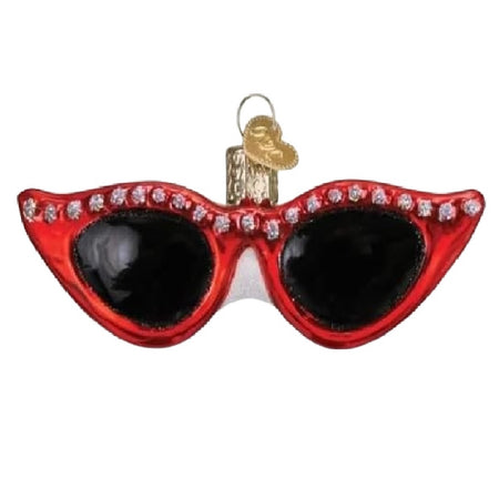 blown glass ornament of red cat eye style sunglasses with silver glitter dot  accents.