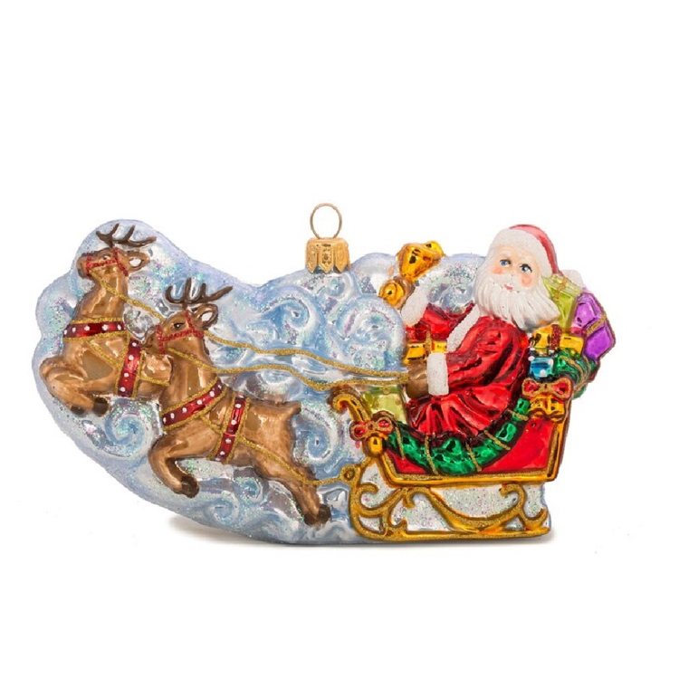blown glass santa and sleigh pulled by reindeer, hanging ornament.