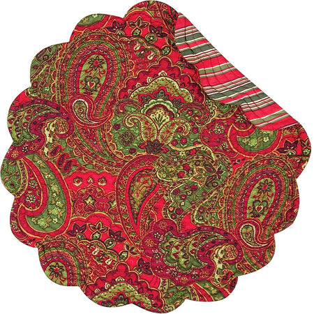 reversible red and green quilted placemat. One side is paisley the other striped.