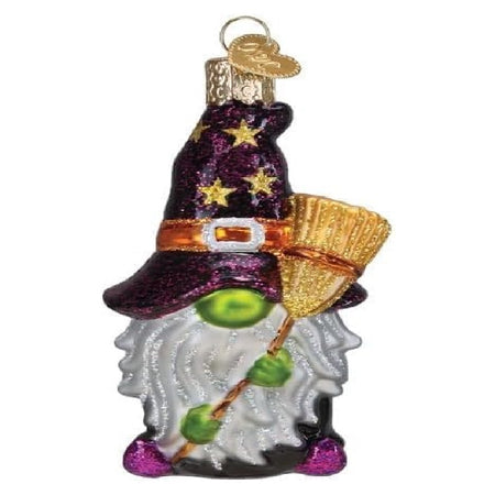 blown glass ornament, gnome with grey beard dressed as a witch with broom.