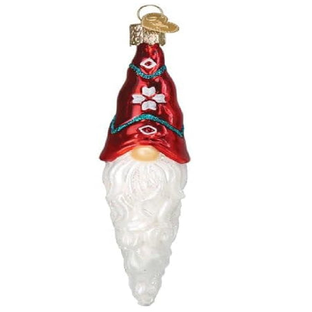 blown glass ornament, icicle shape, gnome with long white beard wearing red nordic hat