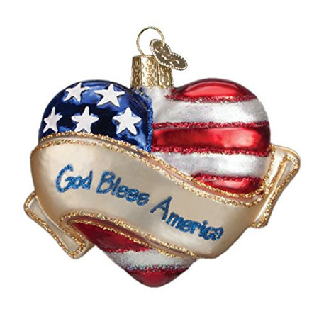 heart shaped ornament with red and white stripes and stars like a flag with a banner that reads God Bless America