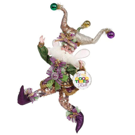bearded fairy wearing jester hat, purple gold and green outfit and holding a sign that says "let the good times roll"