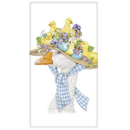 white flour sack towel with image of a white goose head wearing a straw hat covered in little yellow chicks.