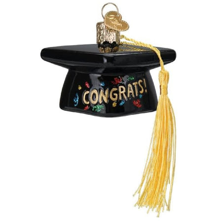 Blown glass graduation cap ornament with actual tassel. Cap says "Congrats!"