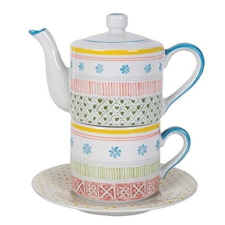 Stacked tea pot and matching cup on saucer.  Floral and  pattern stripes in coordinating colors of blue, yellow, red and green.