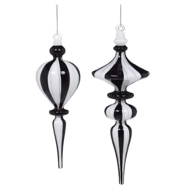 Blown glass finial shaped ornaments, black and white striped.