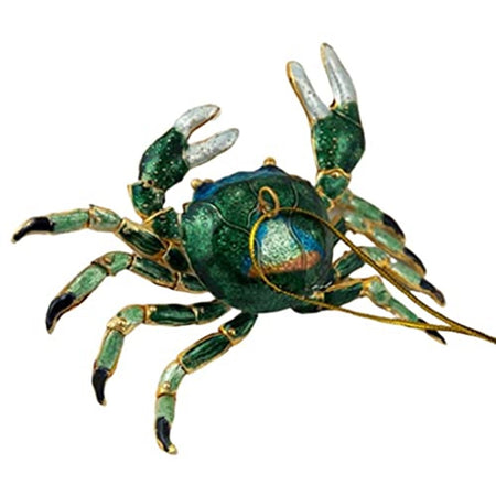 Green crab shaped hanging Christmas ornament on gold cord.