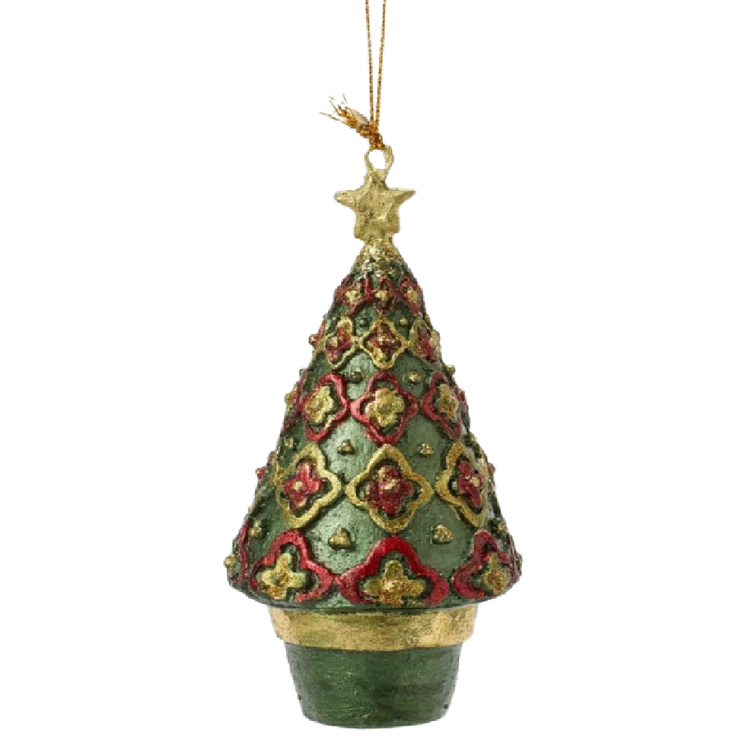 Decorative Christmas tree ornament with intricate patterns on a white background