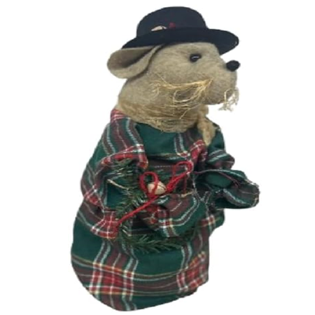 Decorative mouse figure wearing a plaid outfit and hat on a white background