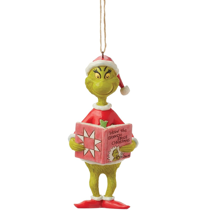 Grinch holding a story book, hanging ornament.